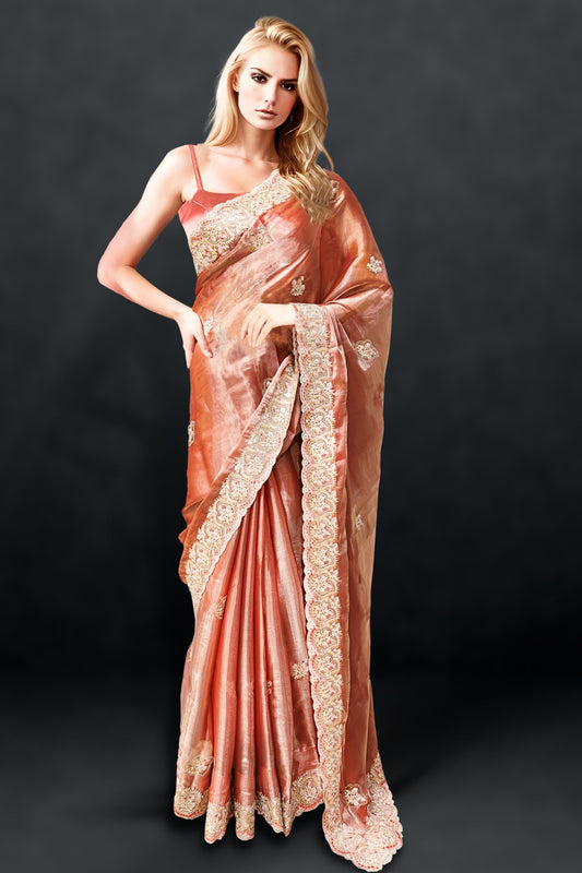 Orange hand woven nylon saree with blouse - Pink Lotus Creation