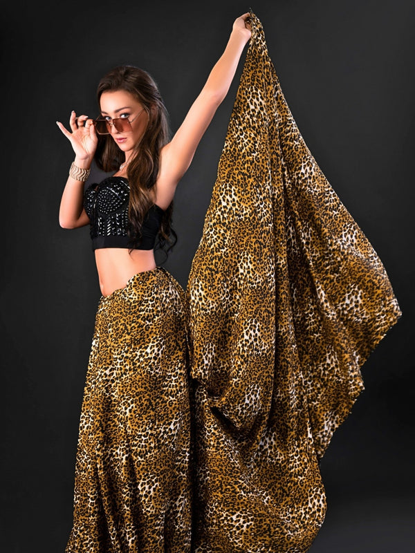 Buy Cream Leopard Print Satin Velvet Taping Saree - Sarees Online in India  | Net saree blouse designs, Designer saree blouse patterns, Printed satin