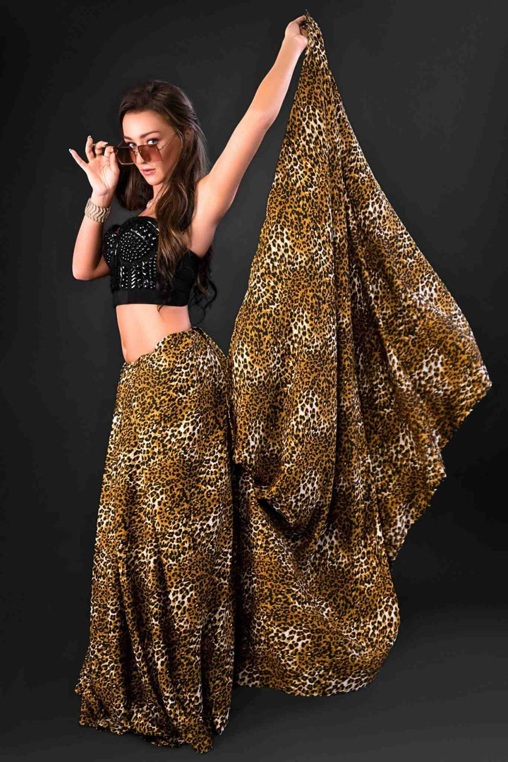 Leopard Print Saree front view showcasing bold animal print design