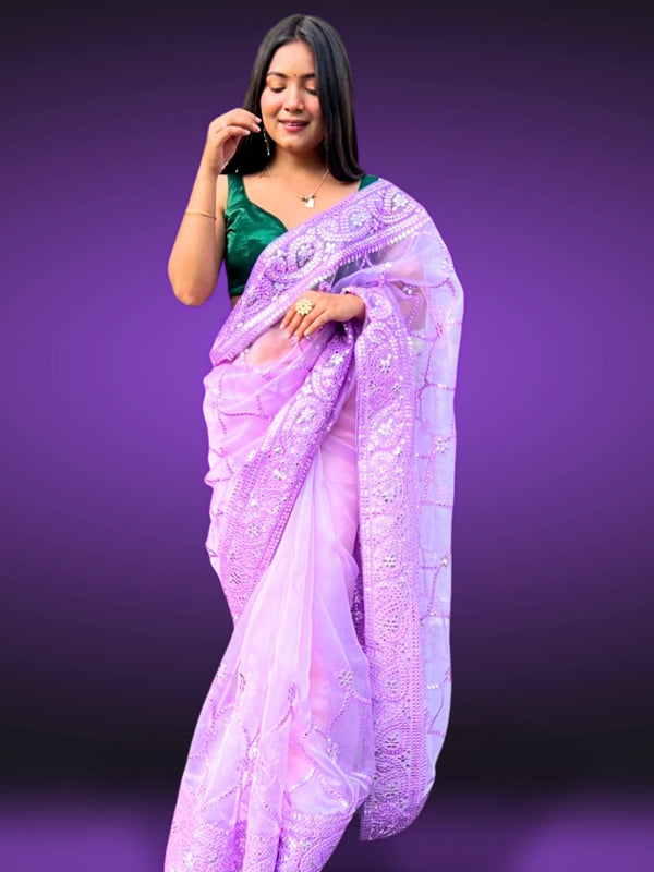 lilac organza saree - lilac color saree - lavender organza saree