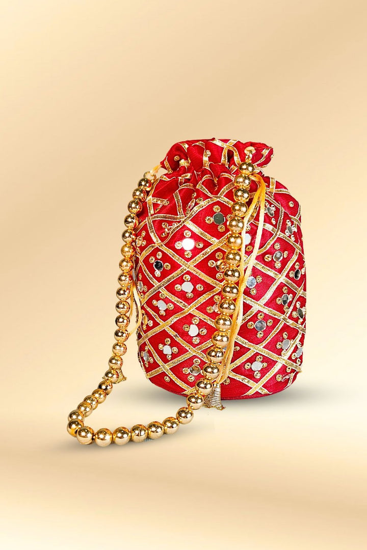 maroon mirror work potli bag