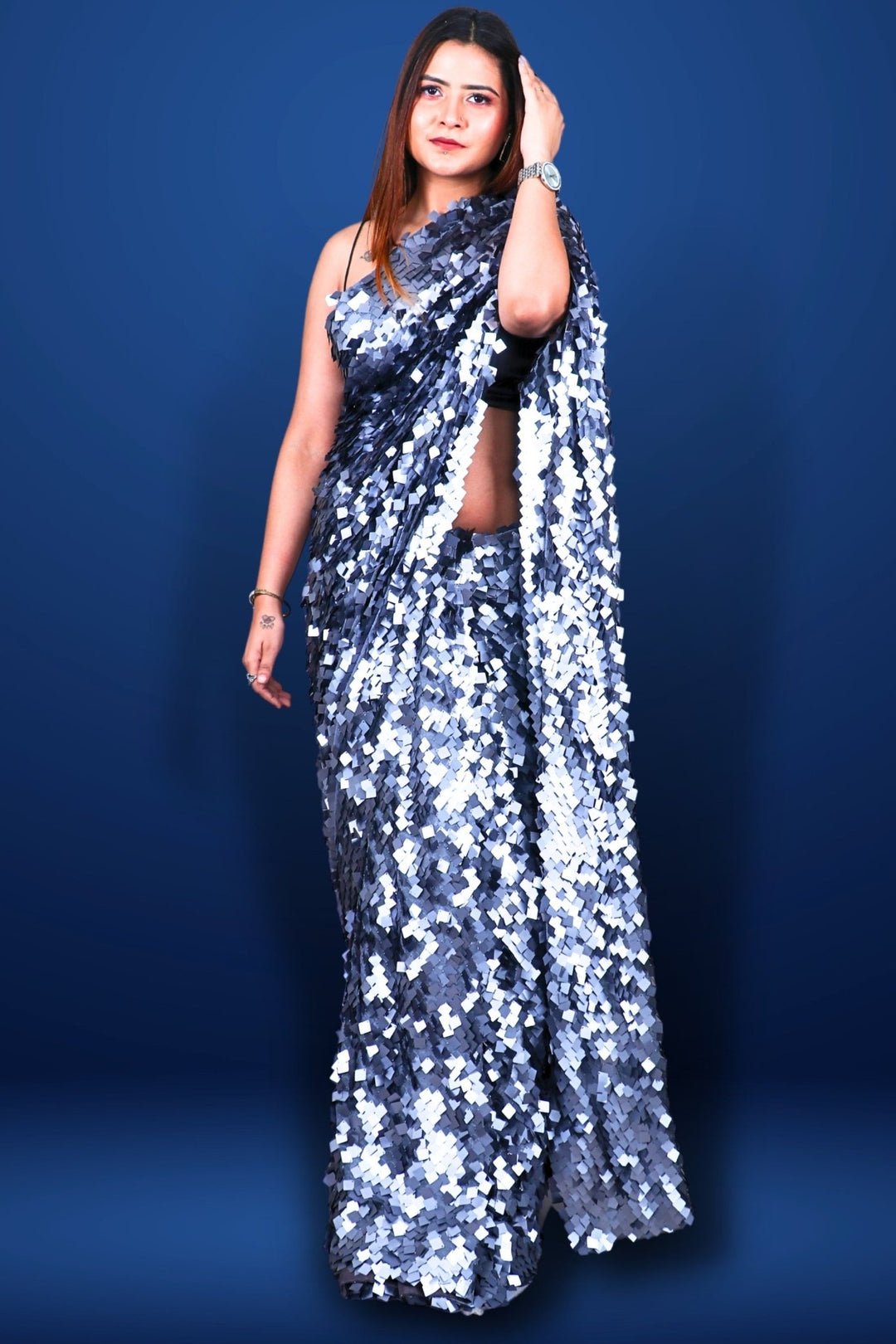 metallic silver saree