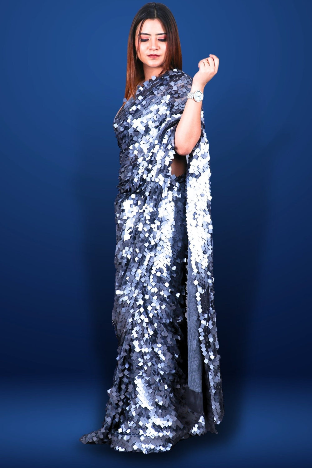 metallic silver saree