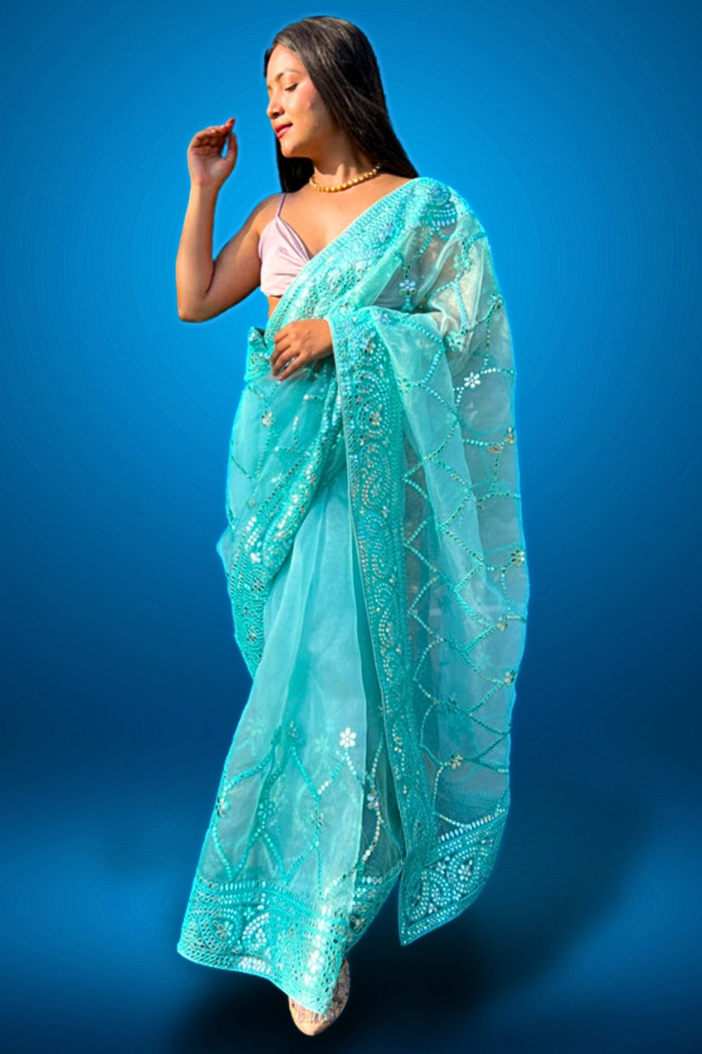 mirror organza saree - organza sarees with mirror work - real mirror work saree