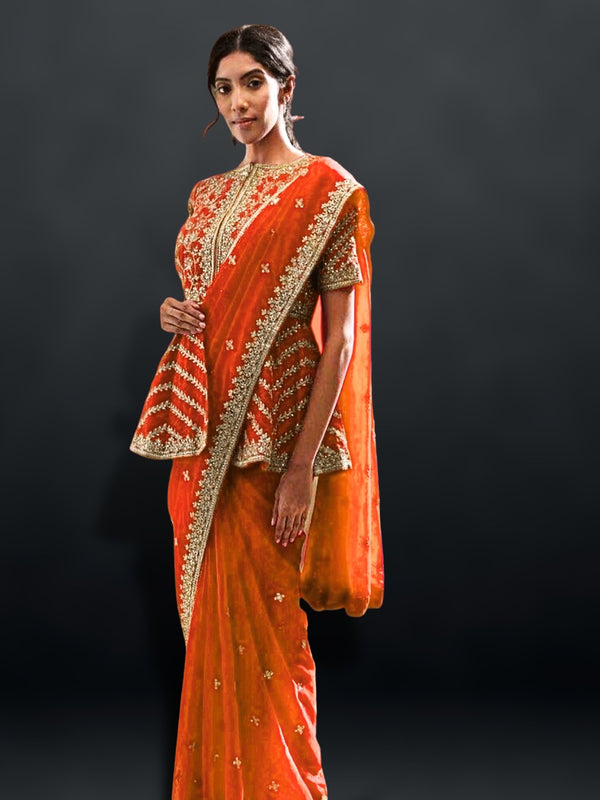 modern saree with long jacket - saree with coat