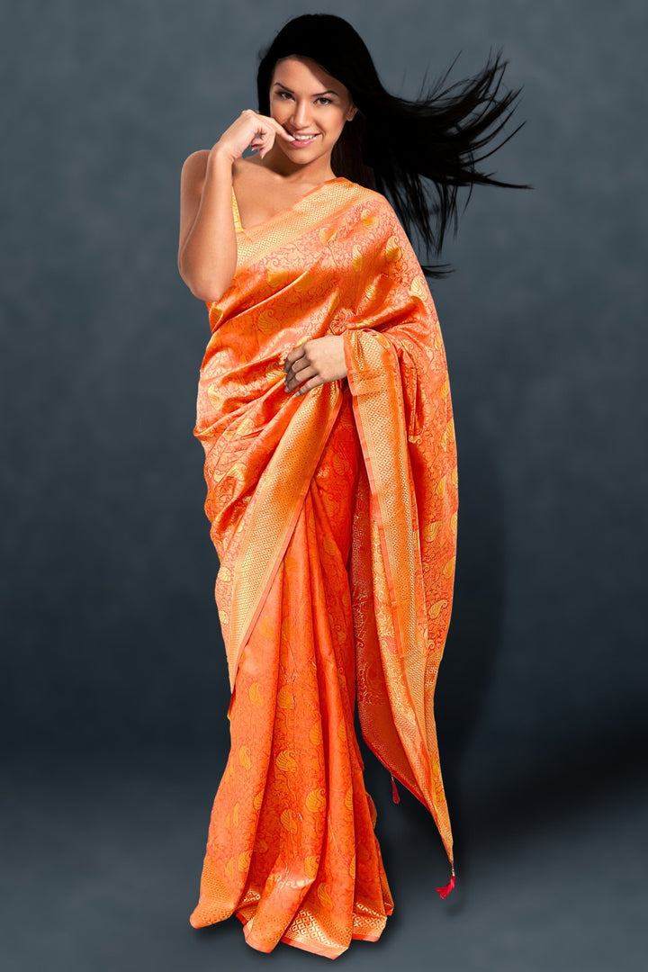 orange silk saree - orange colour silk saree - orange soft silk saree - orange kanchipuram silk saree - silk saree orange colour