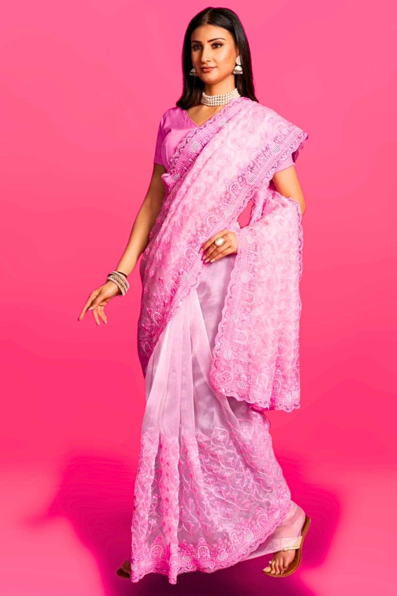 Pink Organza Chikankari Saree Festive Wear