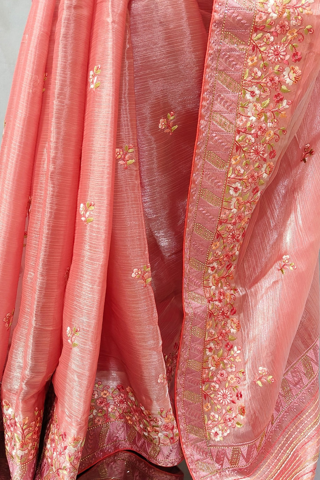 pastel peach saree - peach colour saree - peach saree - peach pink saree - peach saree look