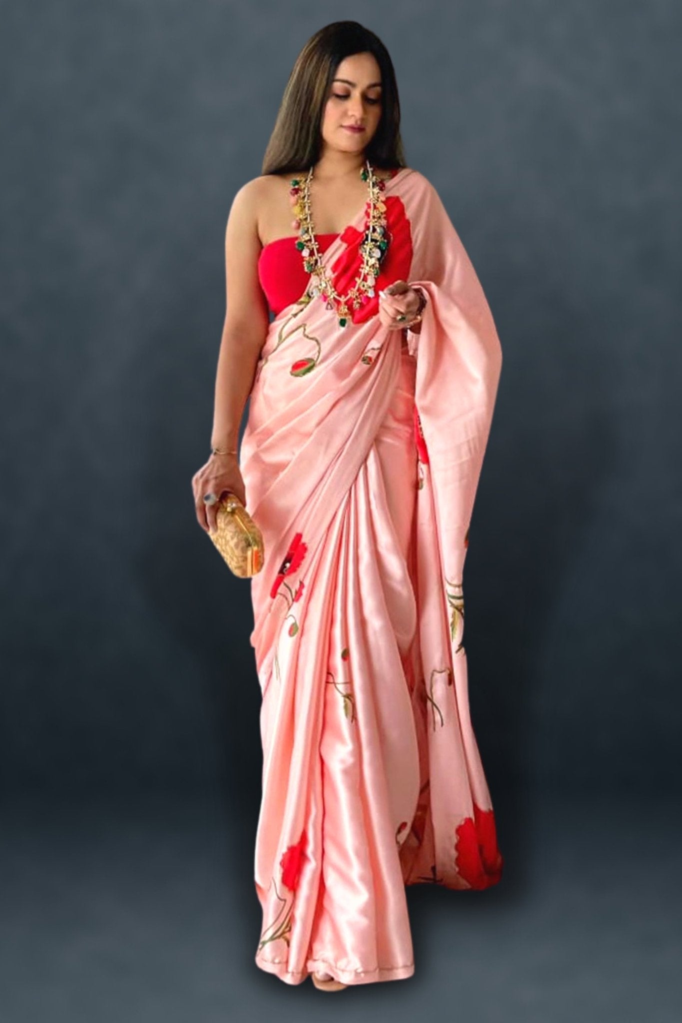 Peach and Red color linen sarees with all over big buties saree design  -LINS0002399