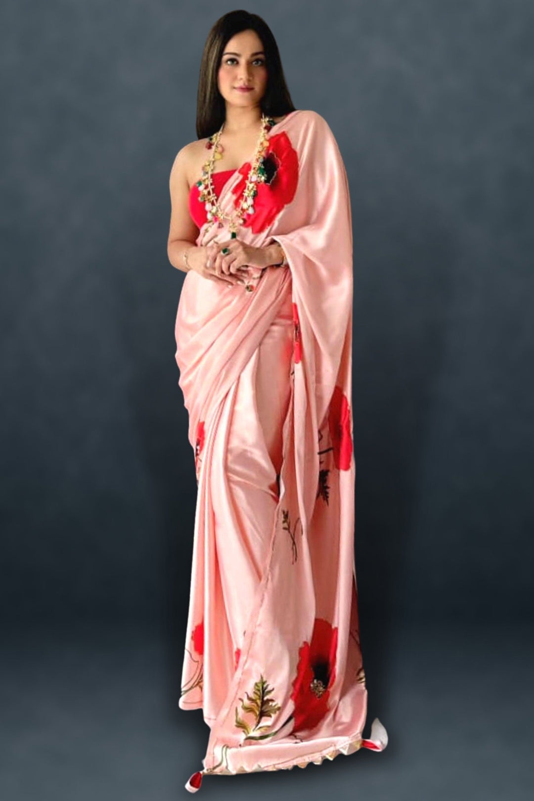 peach saree with contrast blouse - peach saree contrast blouse