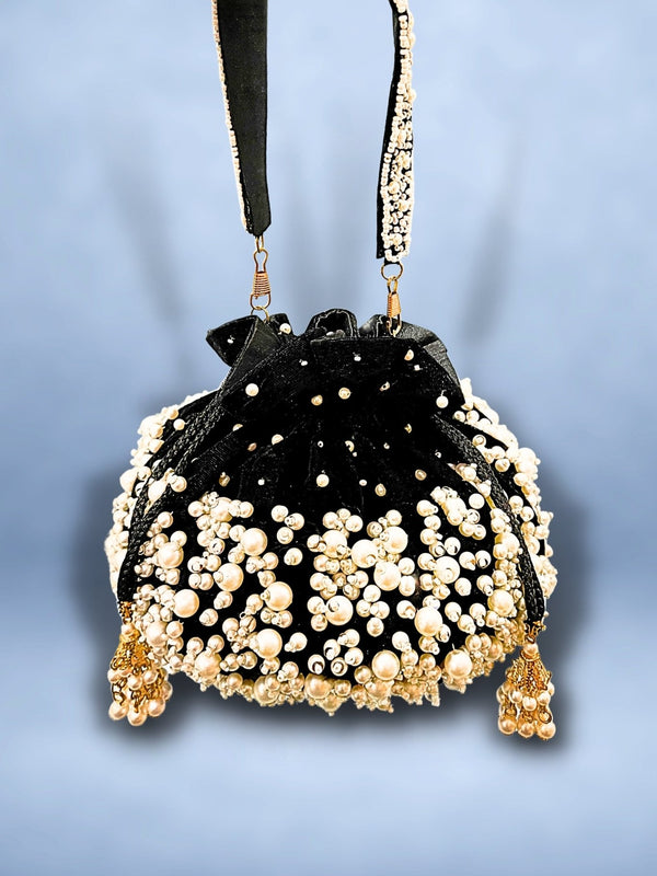 Art Silk Potli Bag This Hand Embroidered Stylish Piece with Pearls all  around and beads work pearl handle. (Cream): Handbags: Amazon.com