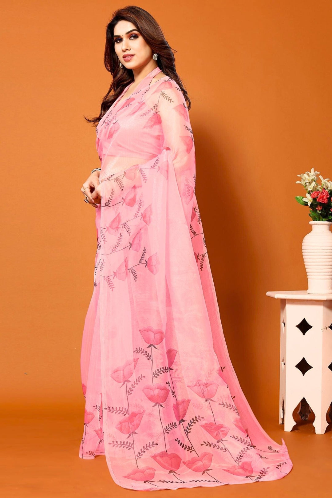pink organza saree - light pink saree contrast blouse - baby pink saree with contrast blouse - organza pink saree