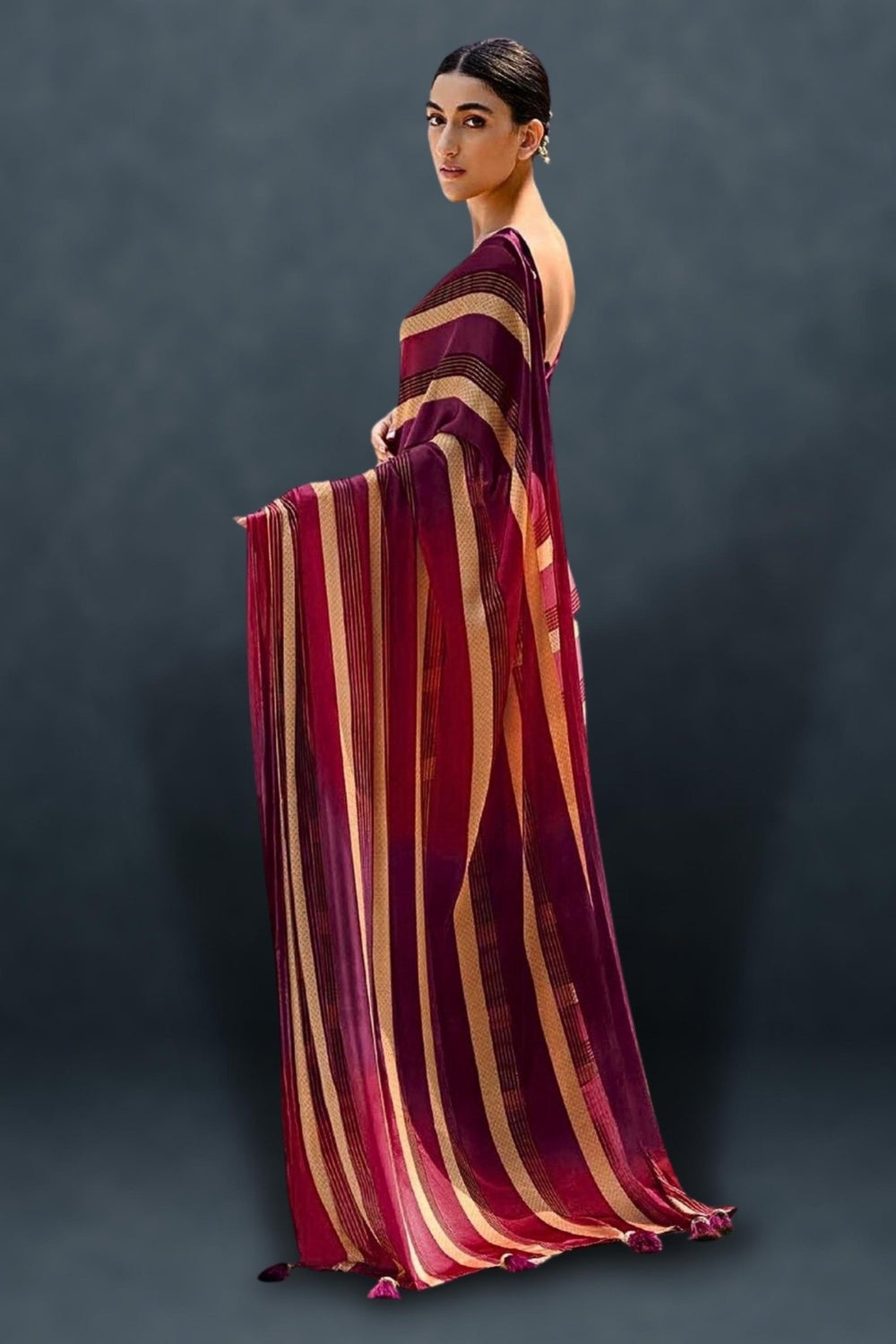 purple satin saree - wine satin saree