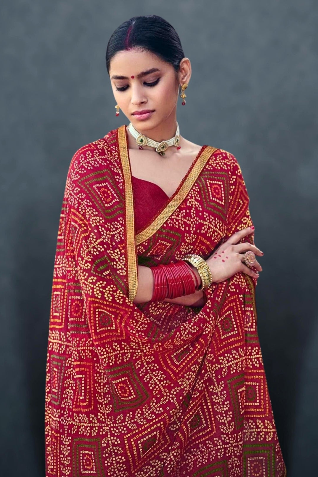 red bandhani saree - red chunri saree - red bandhej saree - red jaipuri saree