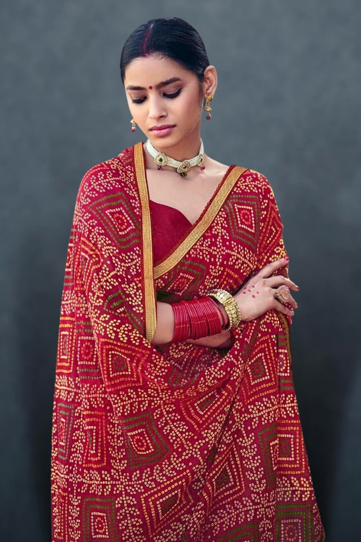 red bandhani saree - red chunri saree - red bandhej saree - red jaipuri saree