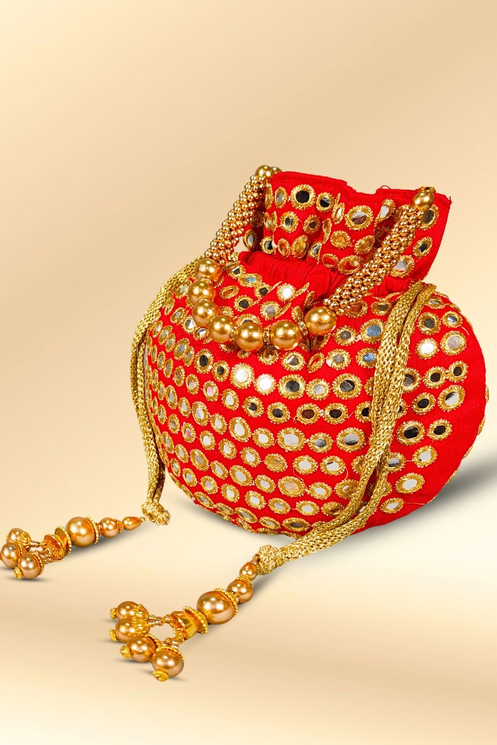 Red Mirror Work Potli Bag