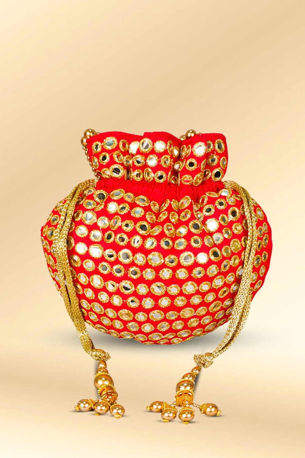 Red Mirror Work Potli Bag