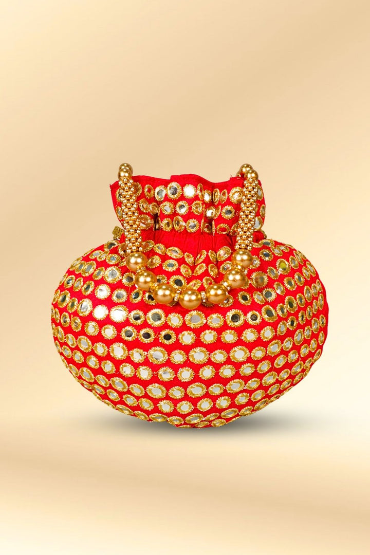 Red Mirror Work Potli Bag