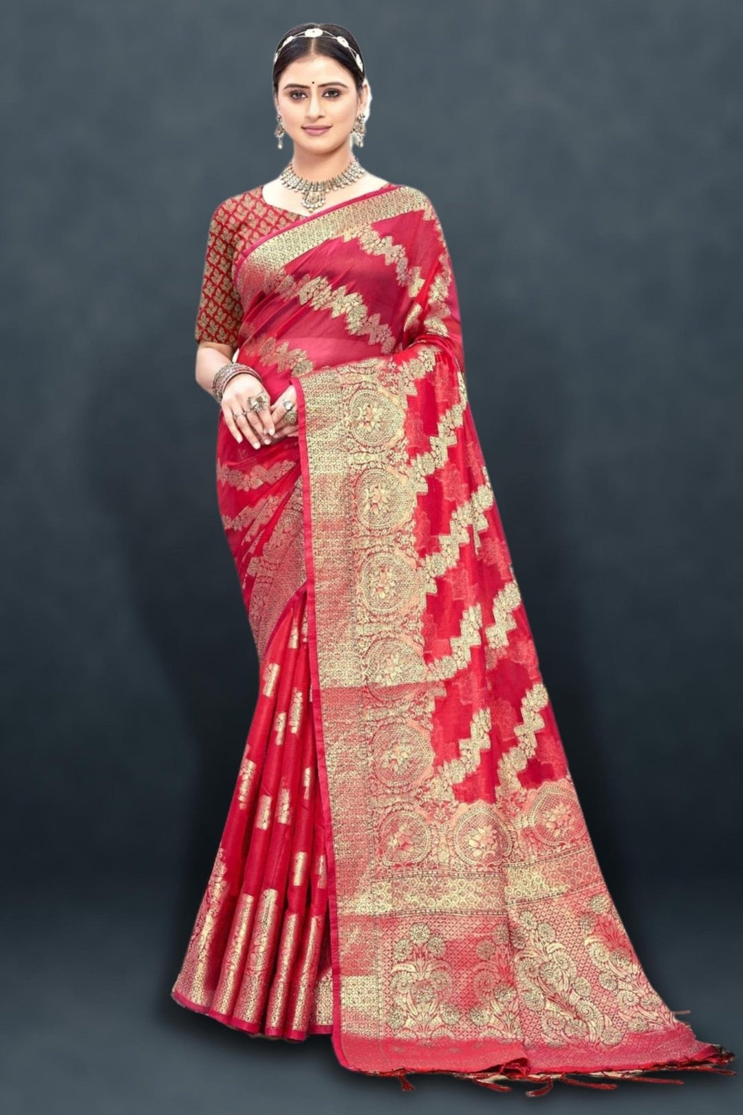 red saree with golden border