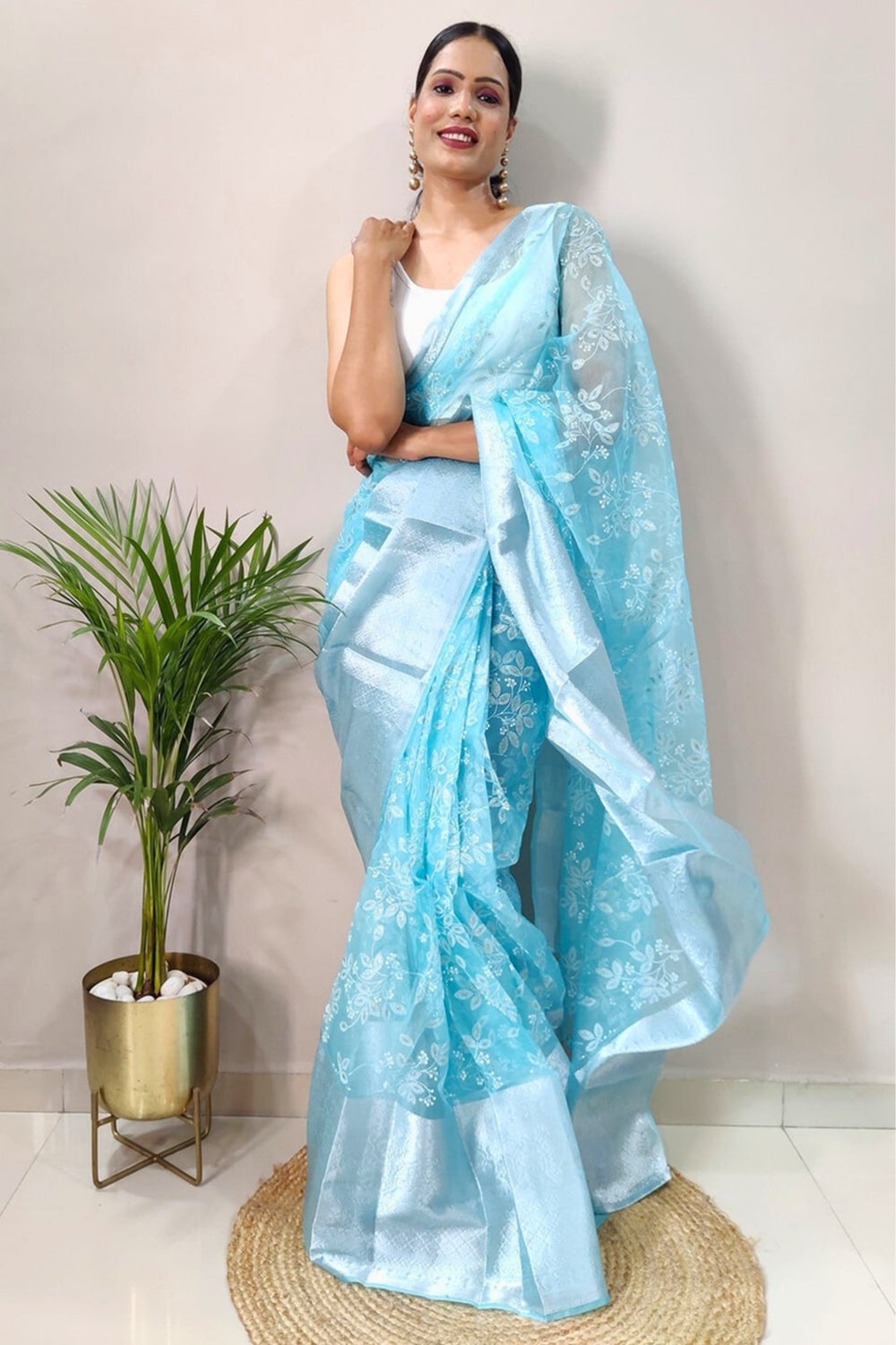 sky blue saree with silver border - sky blue color saree