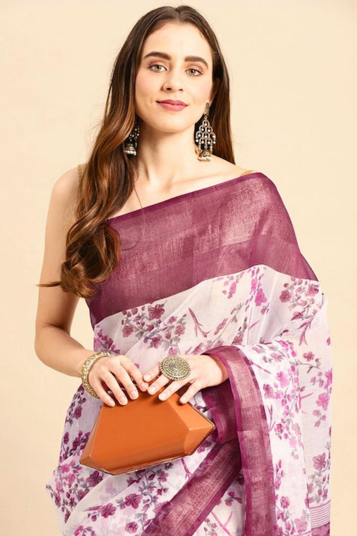 white and purple saree - white saree with purple border - purple and white combination saree - white silk saree with purple border
