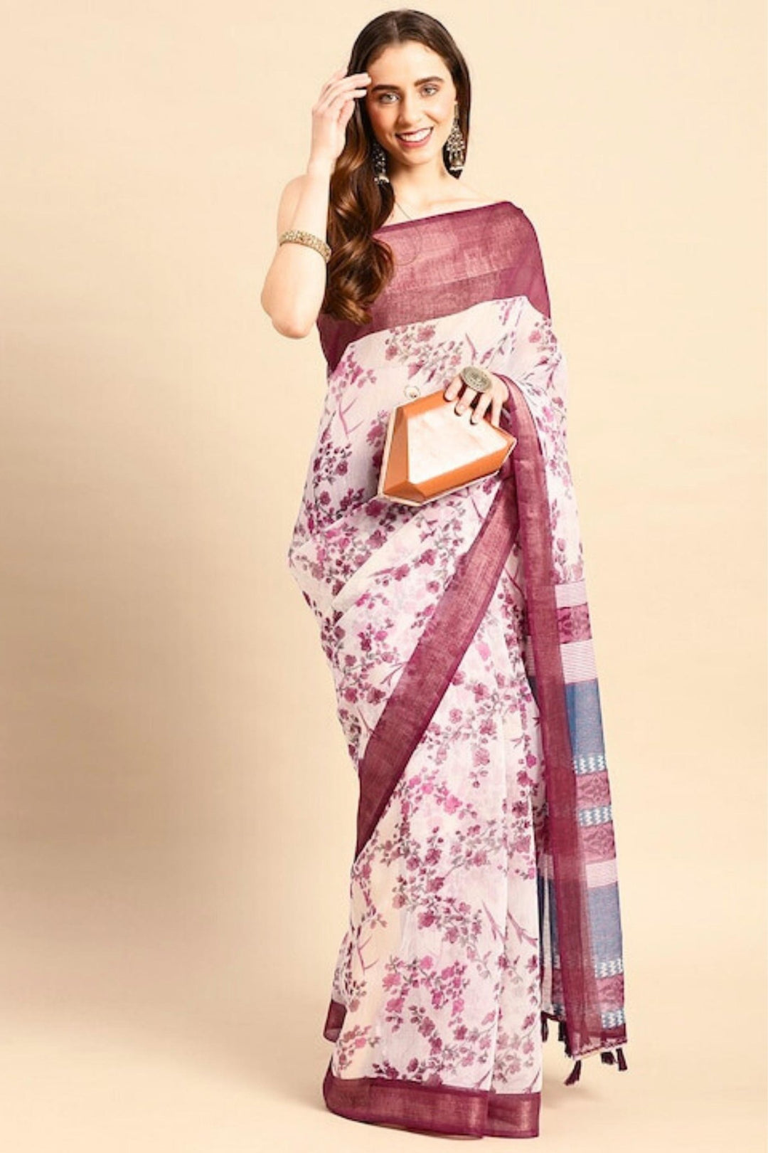 white and purple saree - white saree with purple border - purple and white combination saree - white silk saree with purple border