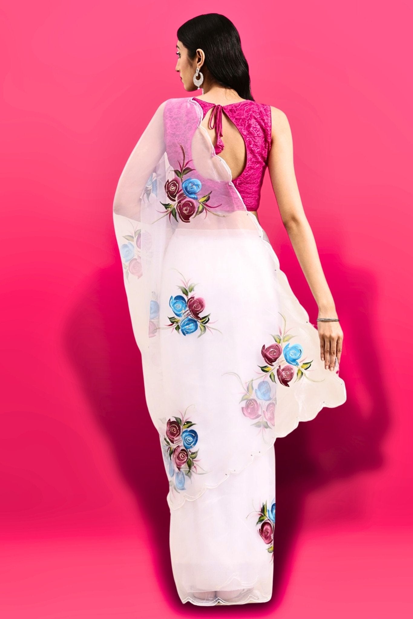 White Floral Digital Printed Georgette Saree