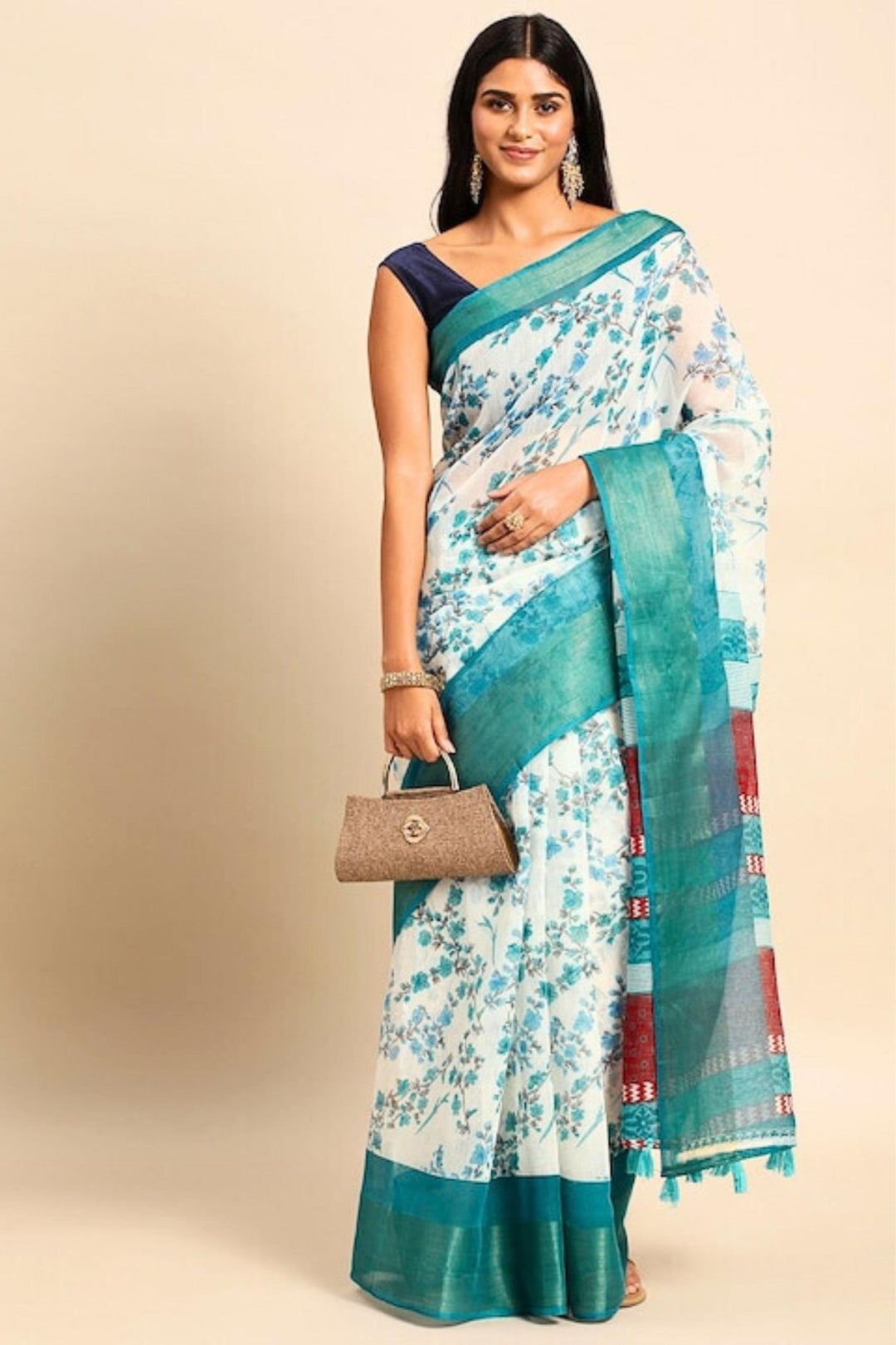 white saree with blue border - white cotton saree with blue border - white saree with sky blue border 