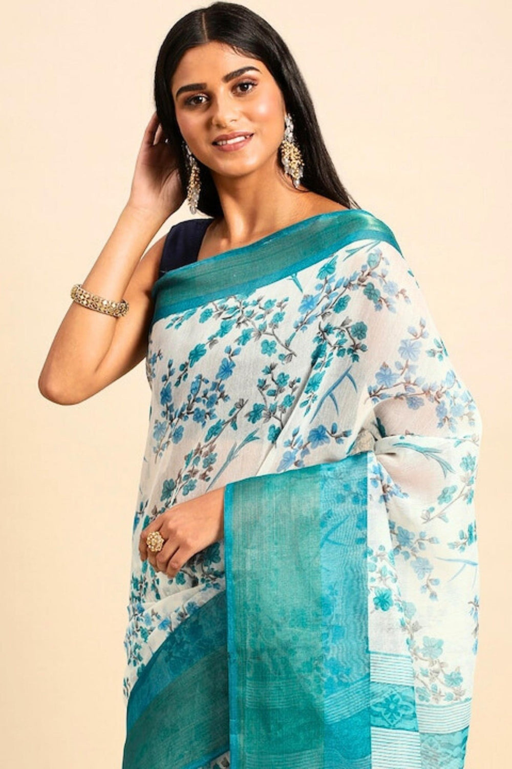white saree with blue border - white cotton saree with blue border - white saree with sky blue border 