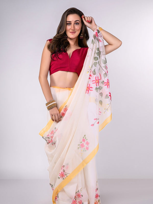 White Kanjivaram Silk Saree With Floral Jaal Pattern | Singhania's