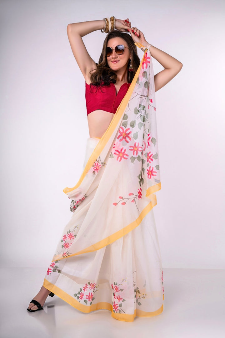 white saree with contrast blouse