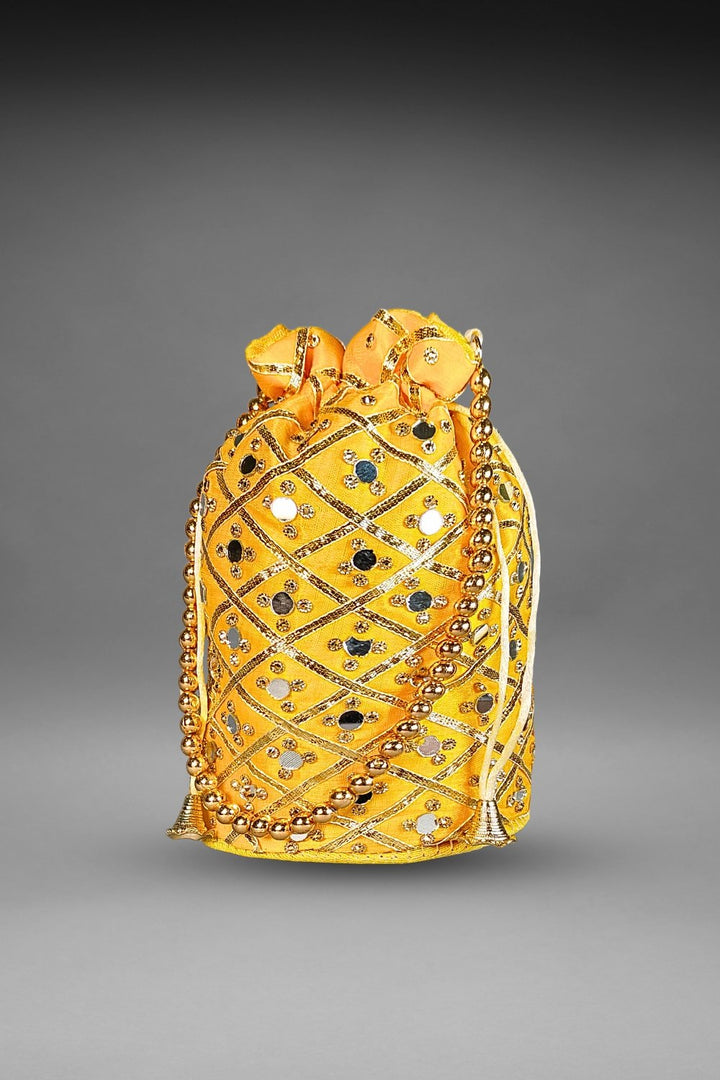 yellow mirror work potli bag
