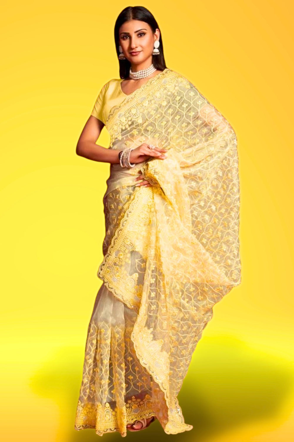 yellow organza saree - organza yellow saree