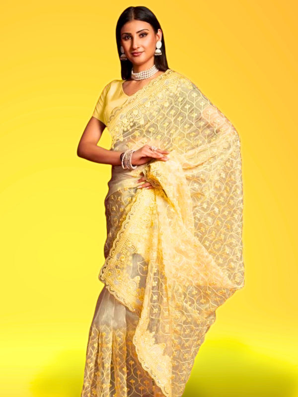 yellow organza saree - organza yellow saree