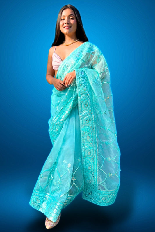 mirror organza saree - organza sarees with mirror work - real mirror work saree
