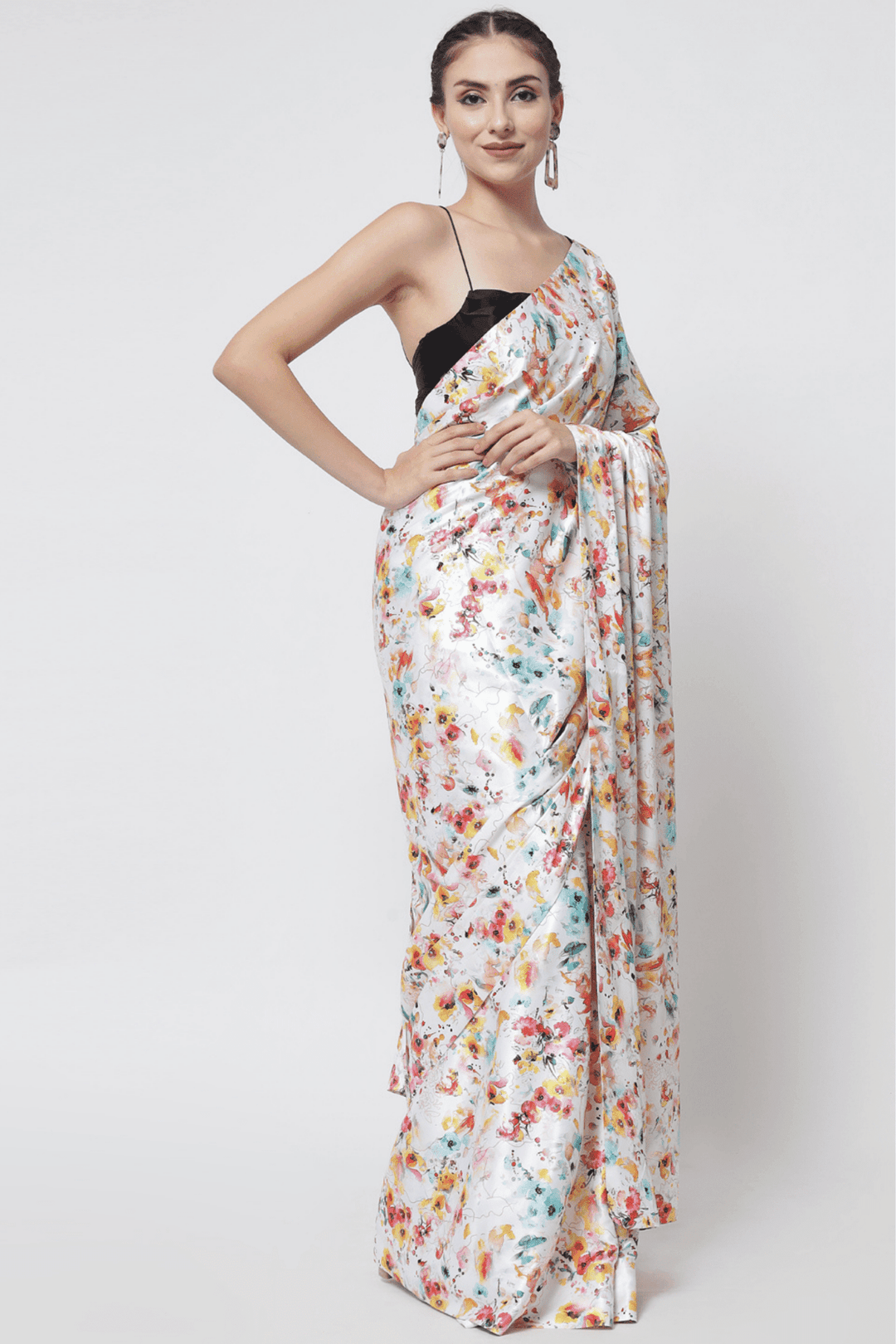 white satin saree - satin white saree