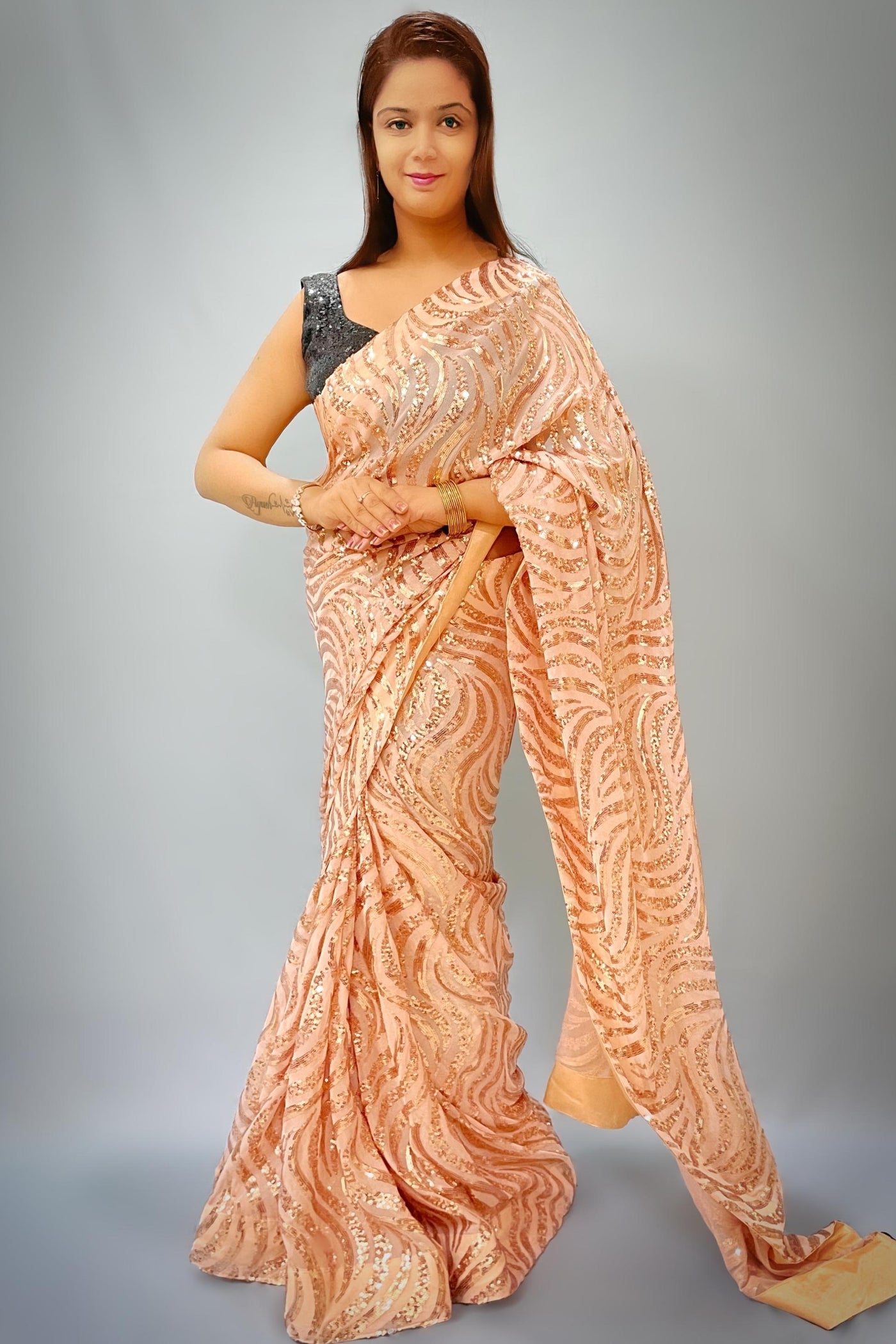 Snake Sequin Rose Gold Saree