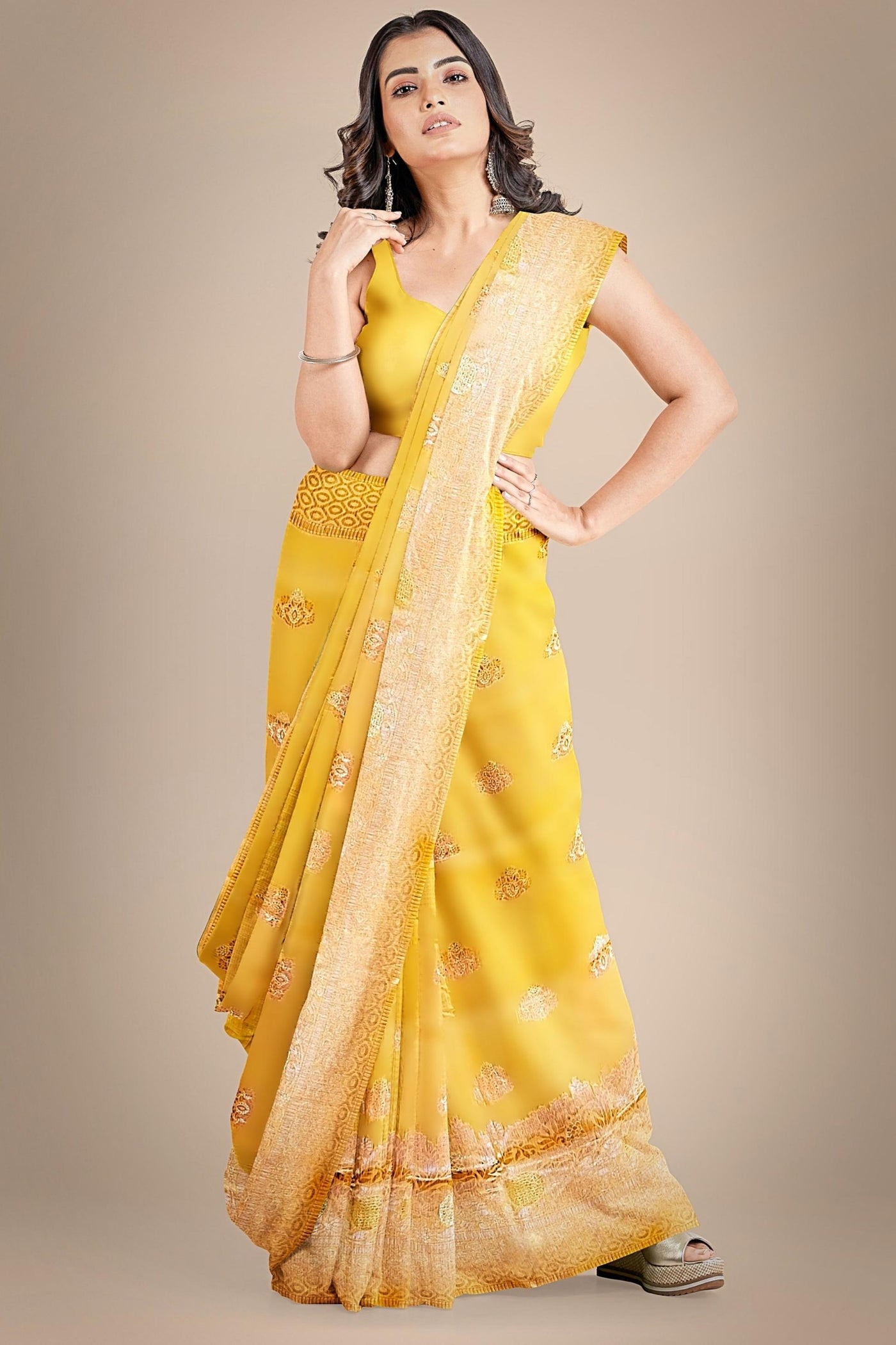 Another Life Yellow Banarasi Organza Saree - Sttylme