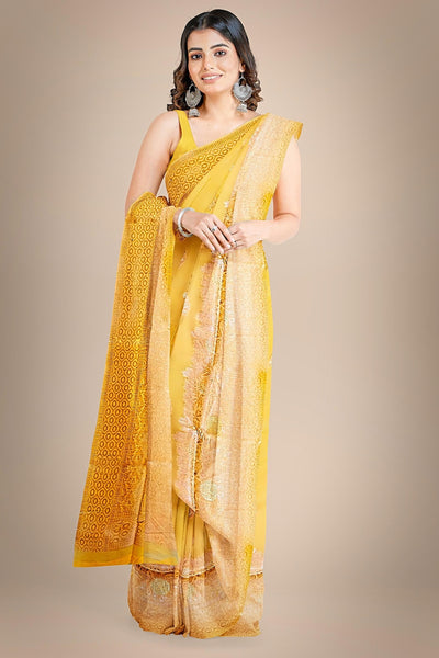 Another Life Yellow Banarasi Organza Saree - Sttylme
