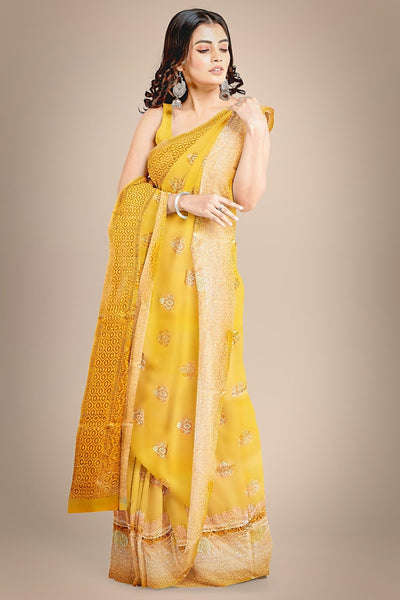 Another Life Yellow Banarasi Organza Saree - Sttylme