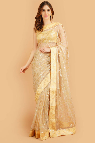 Sttylme - Divine Beige Foil Print Net Saree