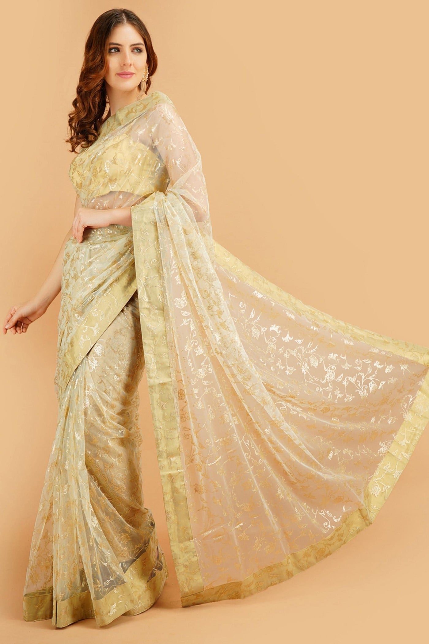 Sttylme - Divine Pista Foil Print Net Saree