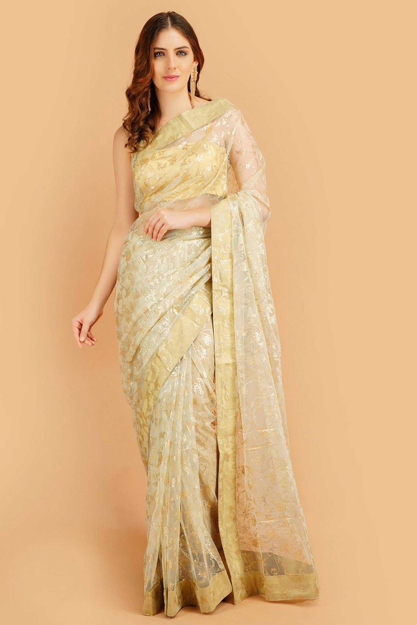 Sttylme - Divine Pista Foil Print Net Saree