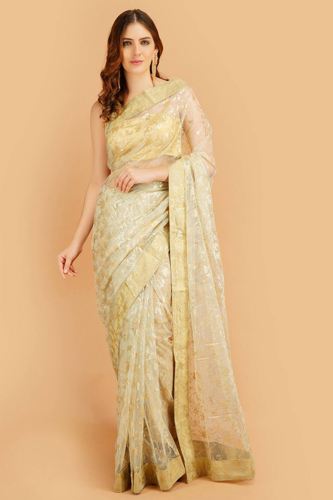 Sttylme - Divine Pista Foil Print Net Saree