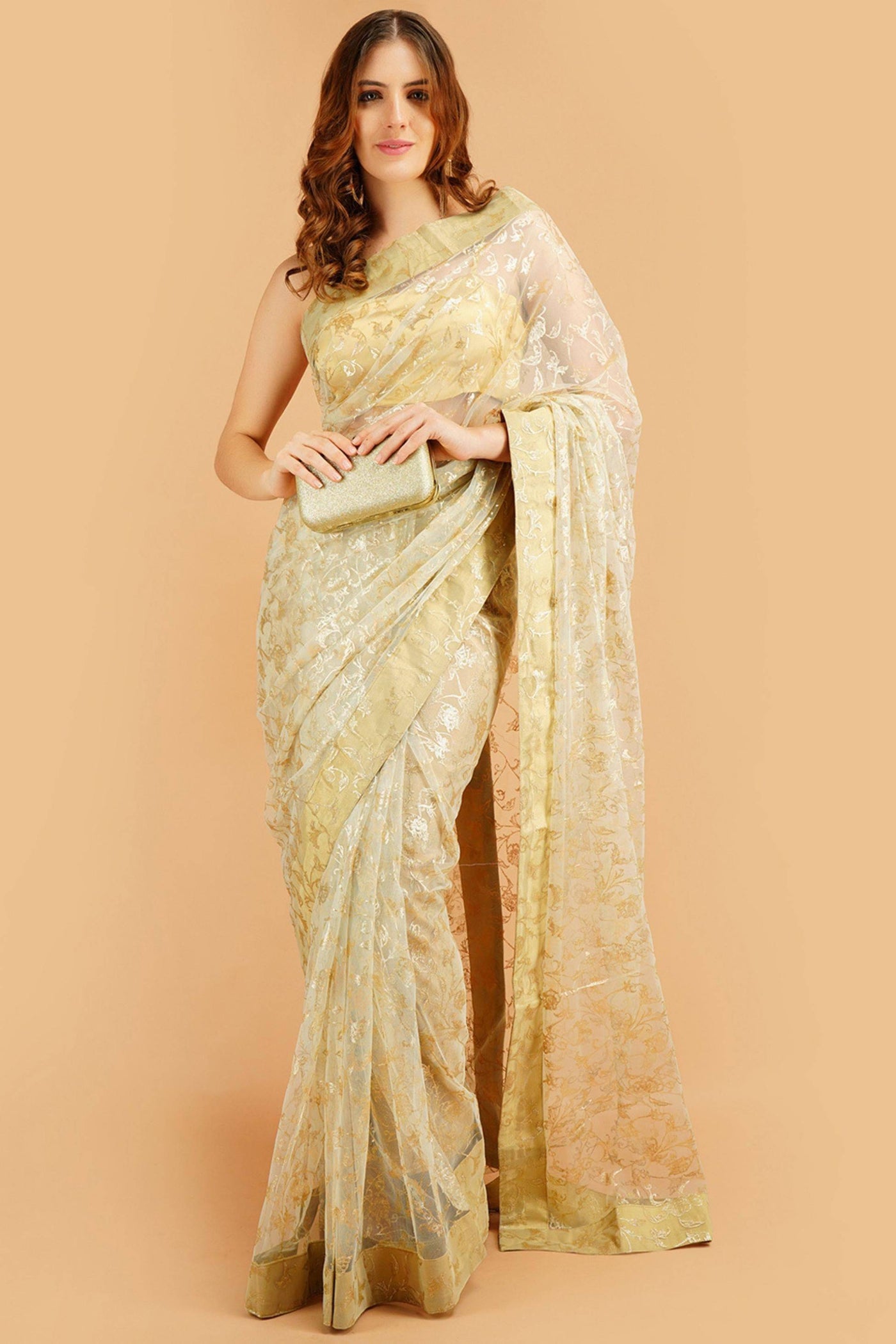 Sttylme - Divine Pista Foil Print Net Saree