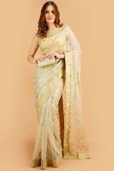 Sttylme - Divine Pista Foil Print Net Saree
