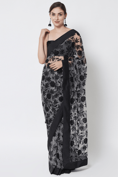 Sttylme - Miracle Velvet Grey Floral Saree
