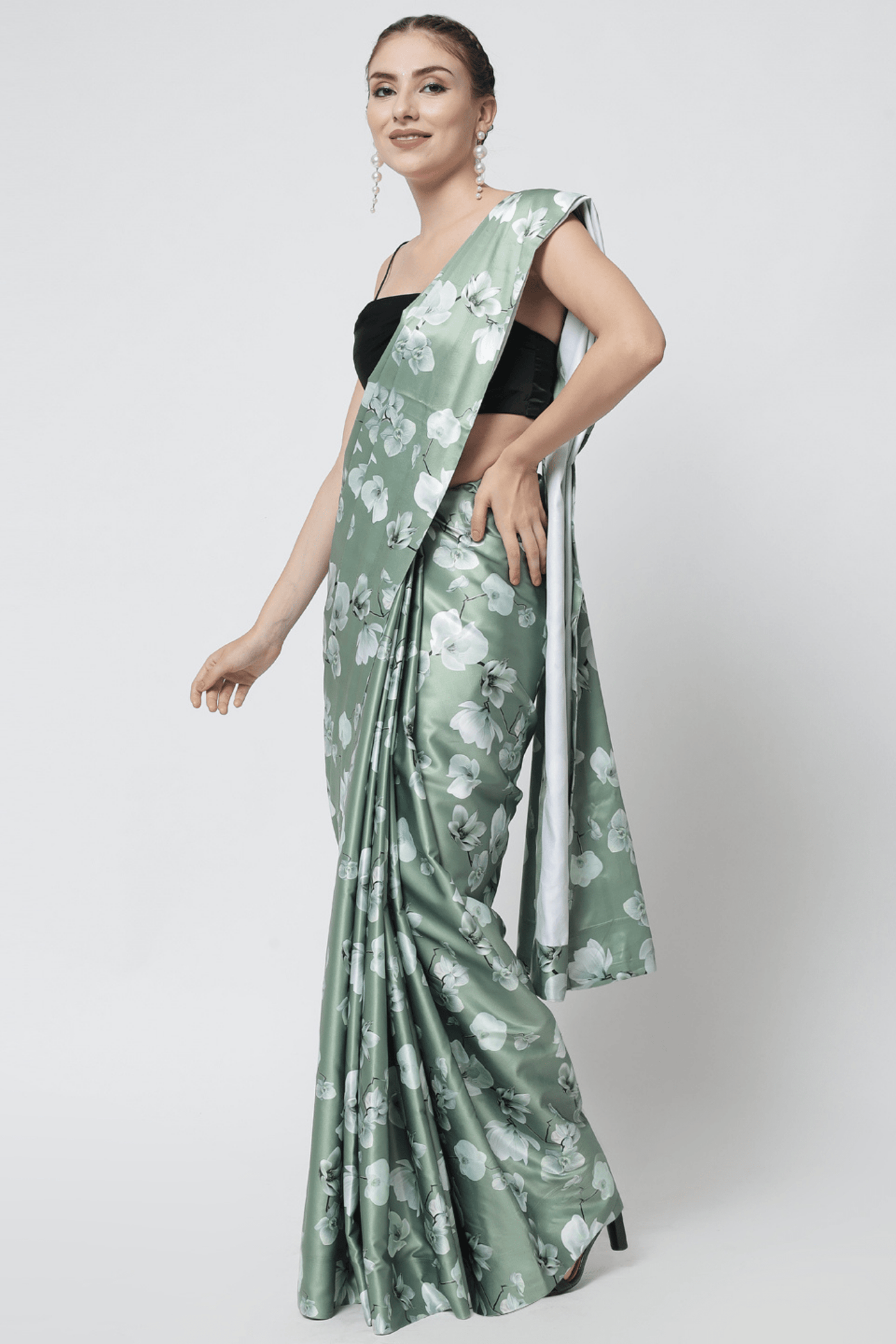 Sttylme - Dream Girl Olive Green Satin Saree