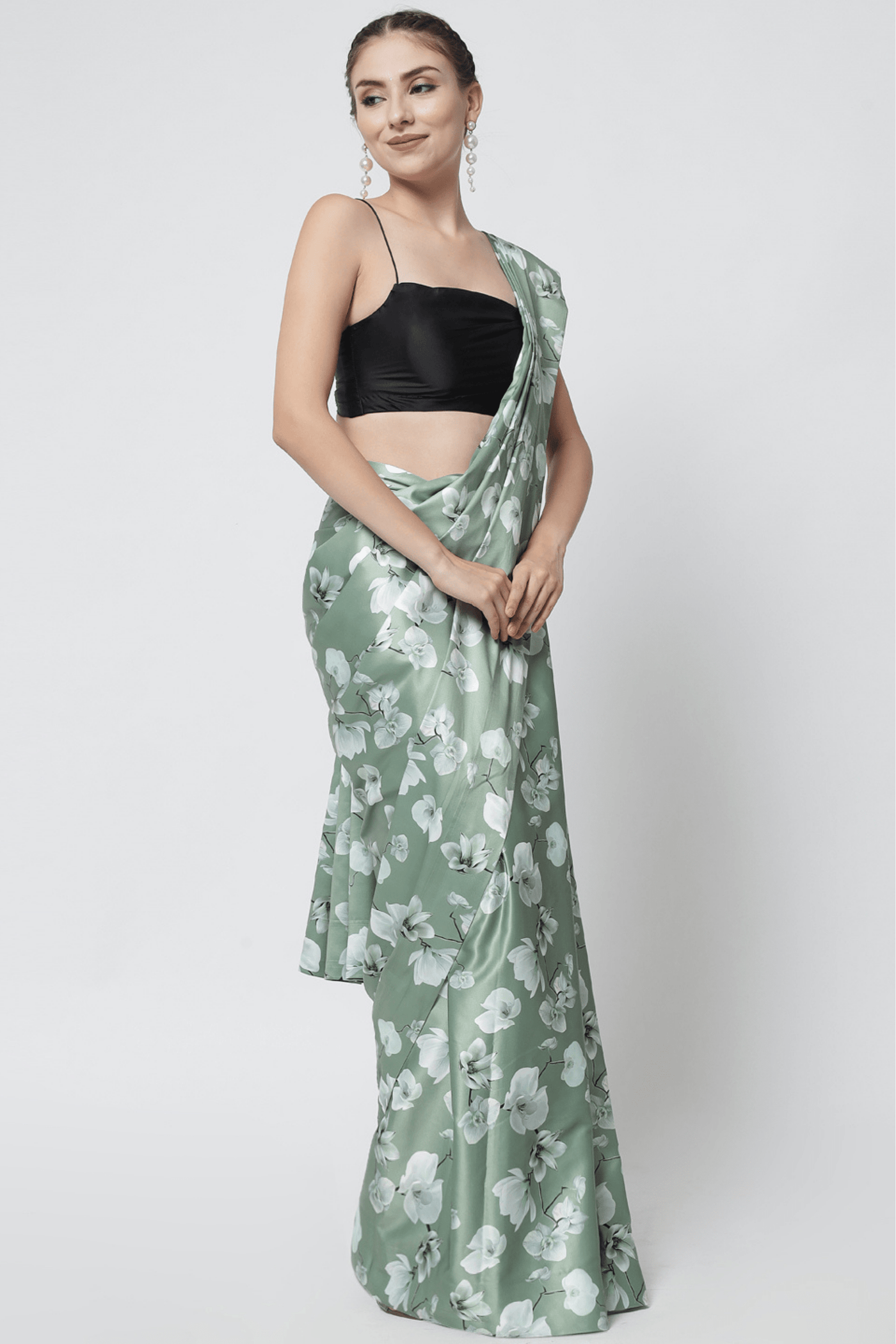 Sttylme - Dream Girl Olive Green Satin Saree