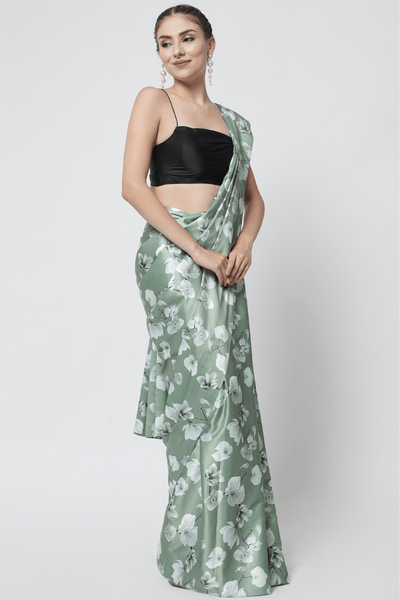 Sttylme - Dream Girl Olive Green Satin Saree